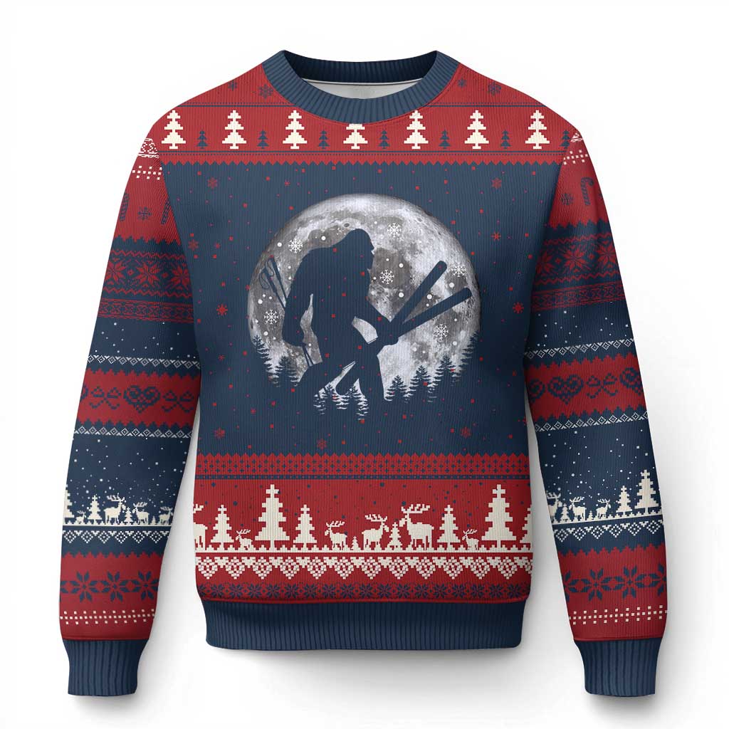 Funny Skiing Bigfoot Ski Winter Sport Moon Ugly Christmas Sweater TS11 Navy Red Print Your Wear
