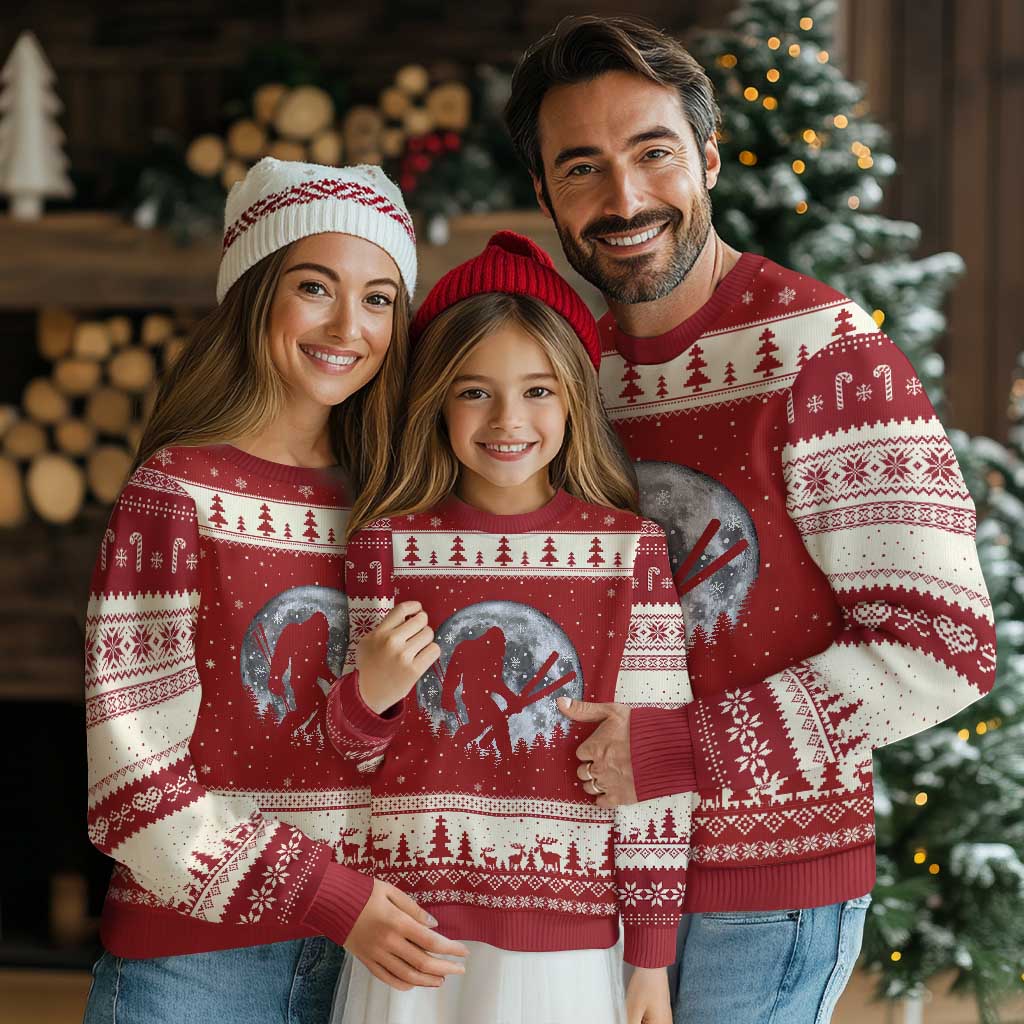 Funny Skiing Bigfoot Ski Winter Sport Moon Ugly Christmas Sweater TS11 Red Beige Print Your Wear