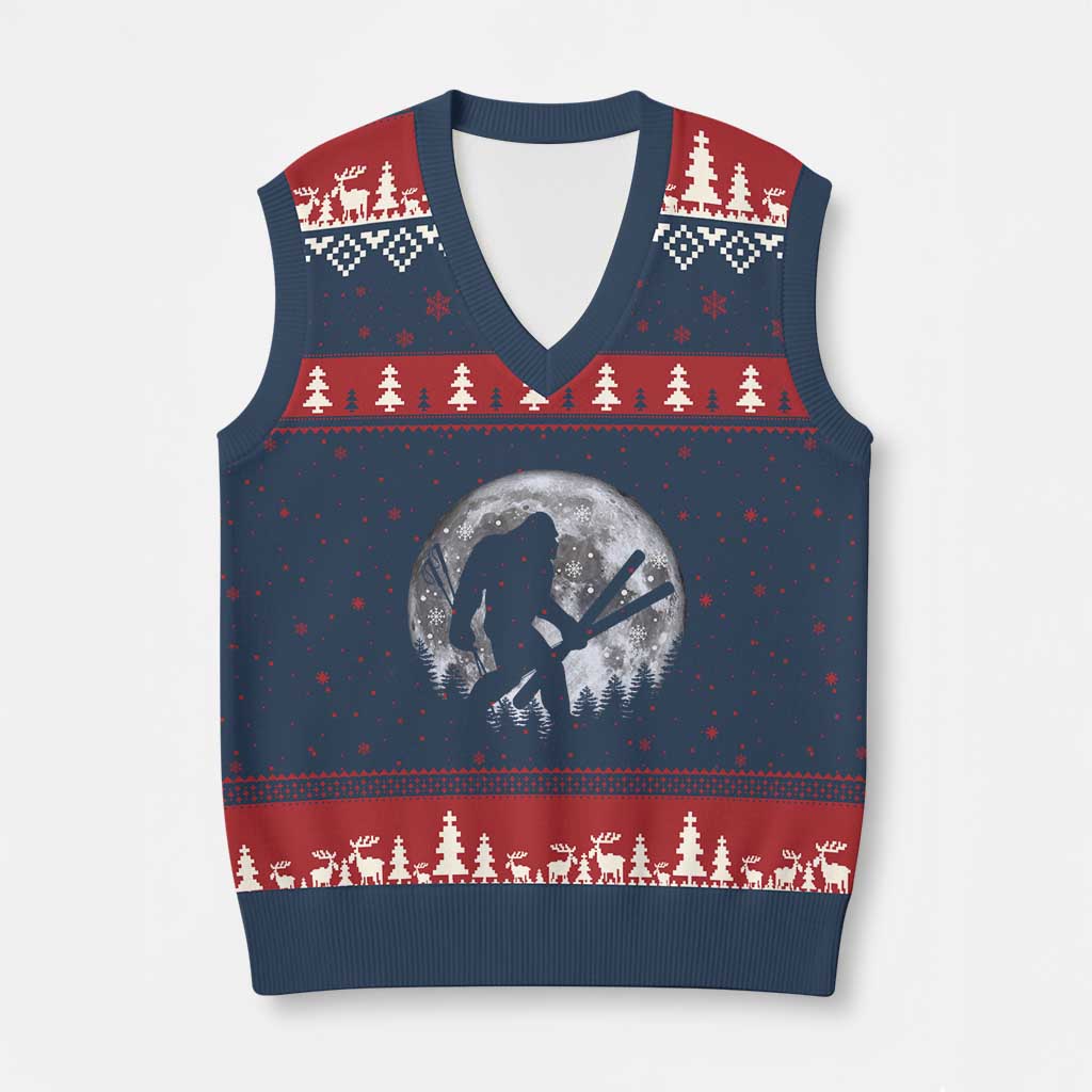 Funny Skiing Bigfoot Ski Winter Sport Moon V-Neck Knit Sweater Vest TS11 Navy Red Print Your Wear