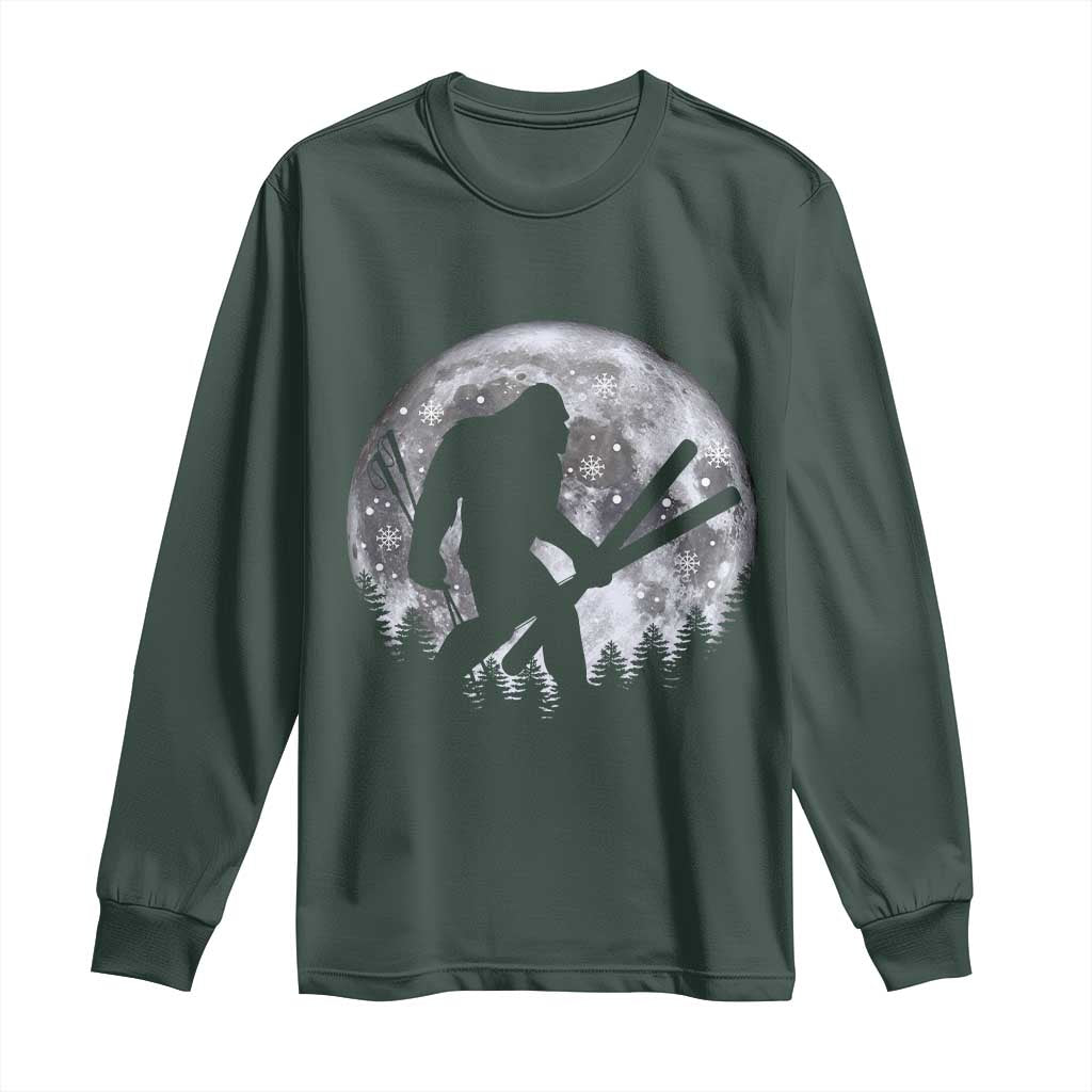 Funny Skiing Bigfoot Ski Winter Sport Moon Long Sleeve Shirt TS11 Dark Forest Green Print Your Wear