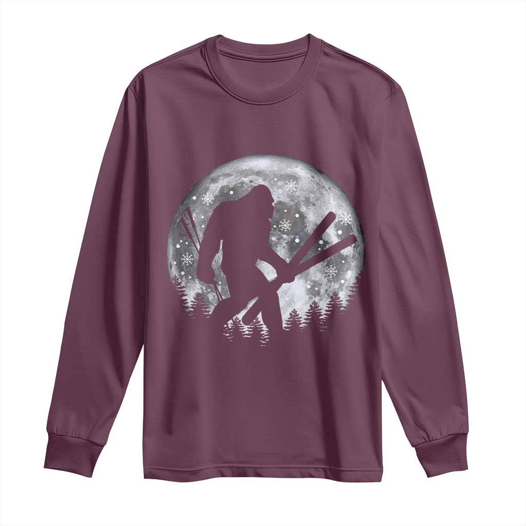 Funny Skiing Bigfoot Ski Winter Sport Moon Long Sleeve Shirt TS11 Maroon Print Your Wear