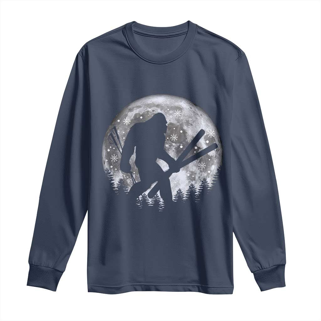 Funny Skiing Bigfoot Ski Winter Sport Moon Long Sleeve Shirt TS11 Navy Print Your Wear