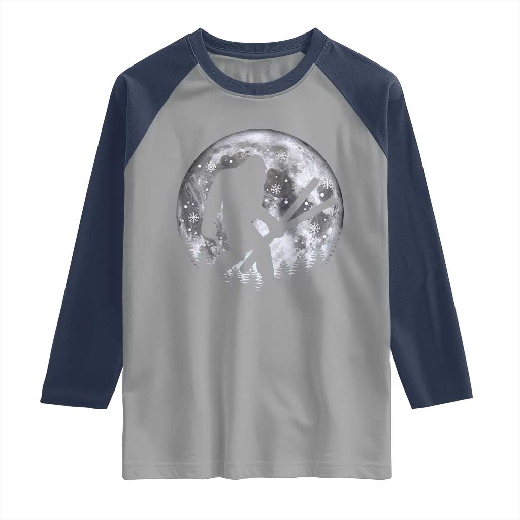 Funny Skiing Bigfoot Ski Winter Sport Moon Raglan Shirt TS11 Sport Gray Navy Print Your Wear