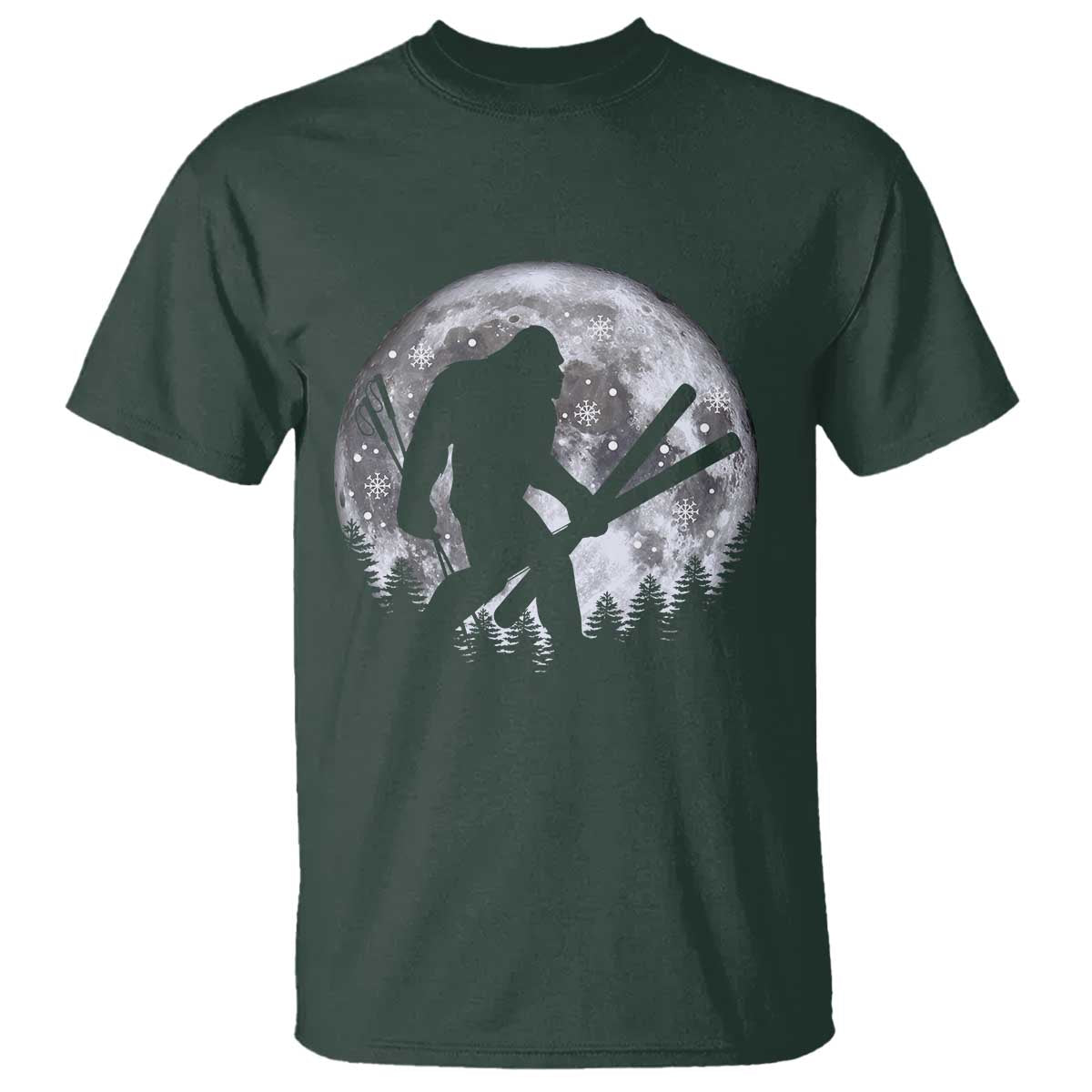 Funny Skiing Bigfoot Ski Winter Sport Moon T Shirt TS11 Dark Forest Green Print Your Wear