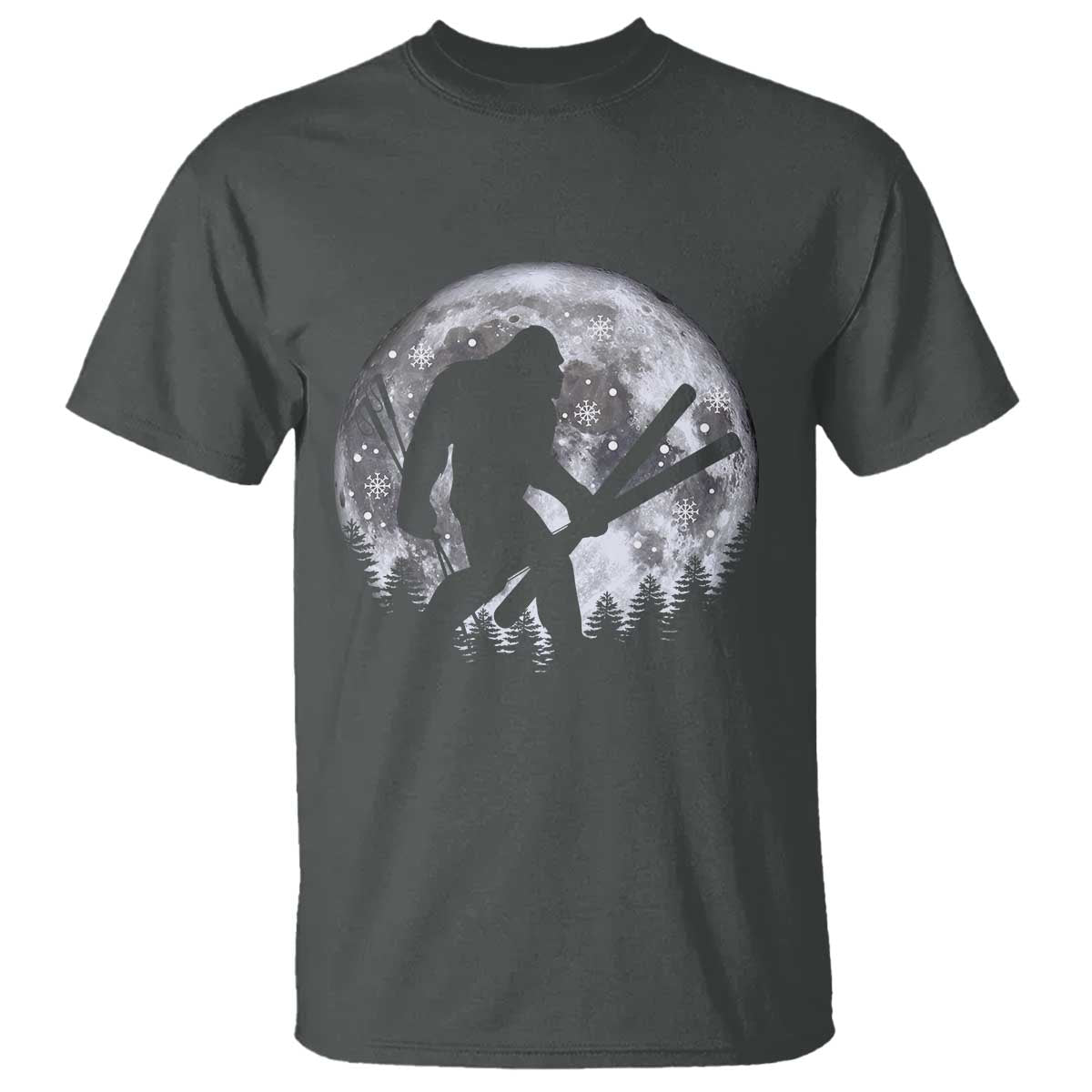 Funny Skiing Bigfoot Ski Winter Sport Moon T Shirt TS11 Dark Heather Print Your Wear