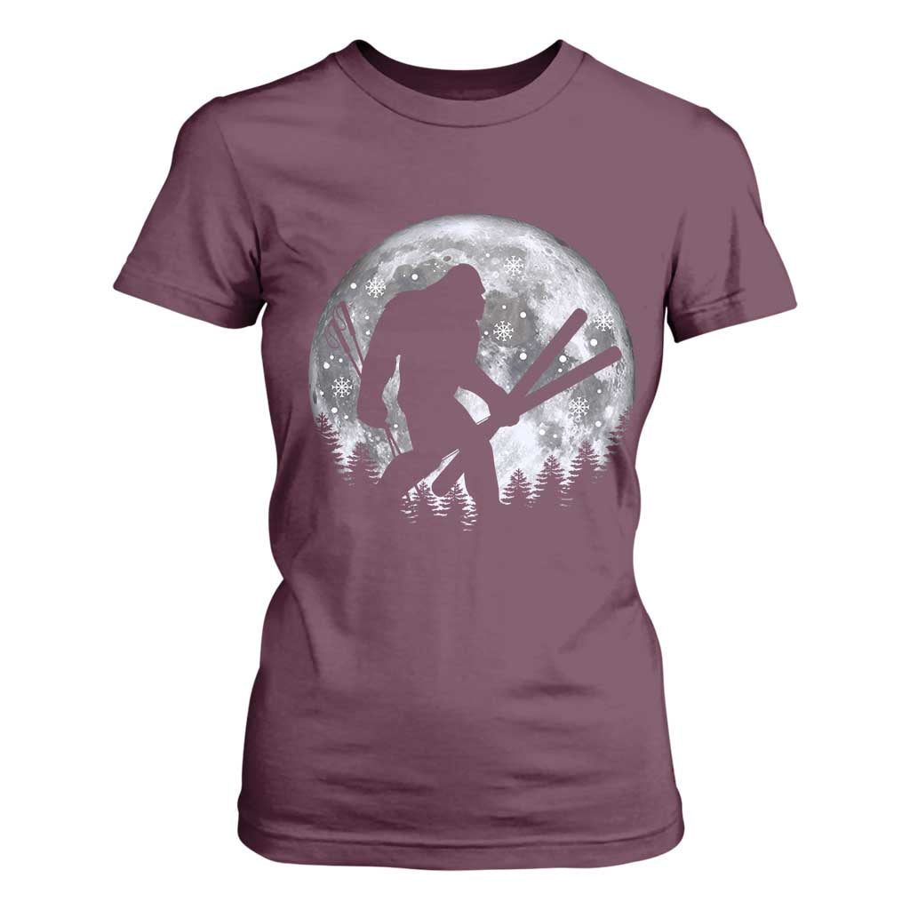 Funny Skiing Bigfoot Ski Winter Sport Moon T Shirt For Women TS11 Maroon Print Your Wear