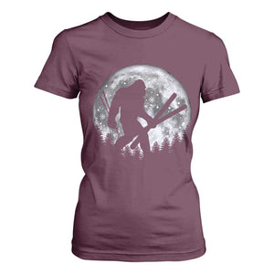 Funny Skiing Bigfoot Ski Winter Sport Moon T Shirt For Women TS11 Maroon Print Your Wear
