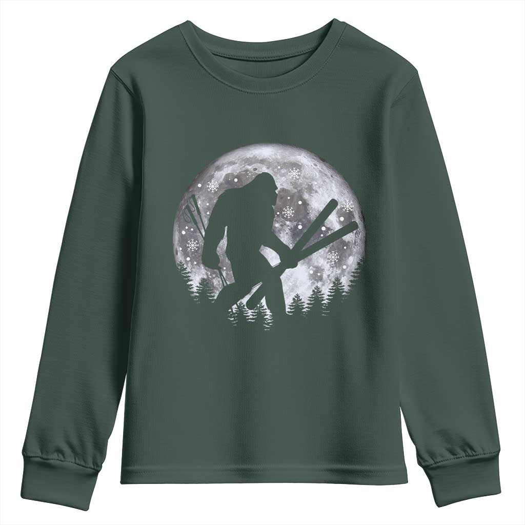 Funny Skiing Bigfoot Ski Winter Sport Moon Youth Sweatshirt TS11 Dark Forest Green Print Your Wear