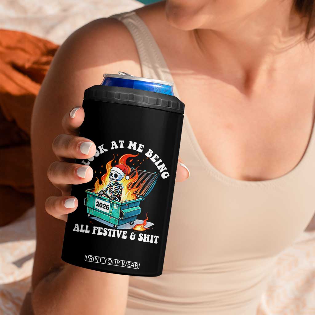 Funny Christmas Dumpster Fire Skeleton 2026 4 in 1 Can Cooler Tumbler Look At Me Being All Festive And Shit TS11 Print Your Wear