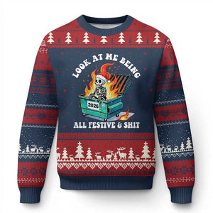 Funny Xmas Dumpster Fire Skeleton 2026 Ugly Christmas Sweater Look At Me Being All Festive And Shit TS11 Navy Red Print Your Wear