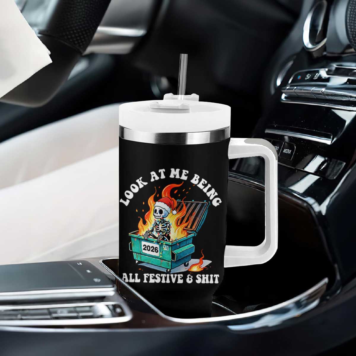 Funny Christmas Dumpster Fire Skeleton 2026 Tumbler With Handle Look At Me Being All Festive And Shit TS11 Print Your Wear