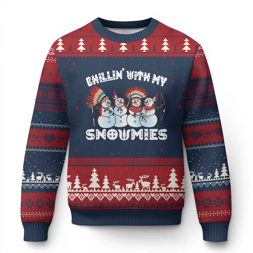 Funny Xmas Native American Ugly Christmas Sweater Chillin' With My Snowmies Snowman Tribes TS11 Navy Red Print Your Wear