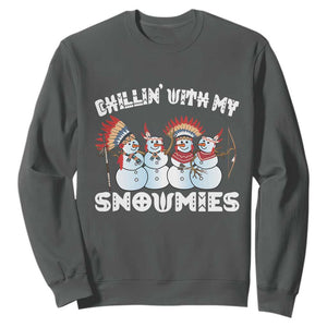 Funny Christmas Native American Sweatshirt Chillin' With My Snowmies Snowman Tribes TS11 Dark Heather Print Your Wear