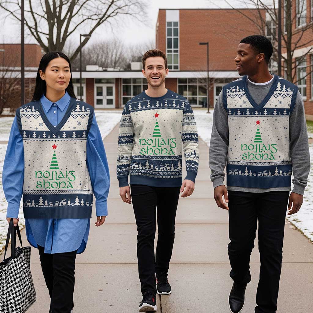 Funny Irish Gaelic Xmas Nollaig Shona V-Neck Knit Sweater Vest Xmas Tree TS11 Beige Navy Print Your Wear