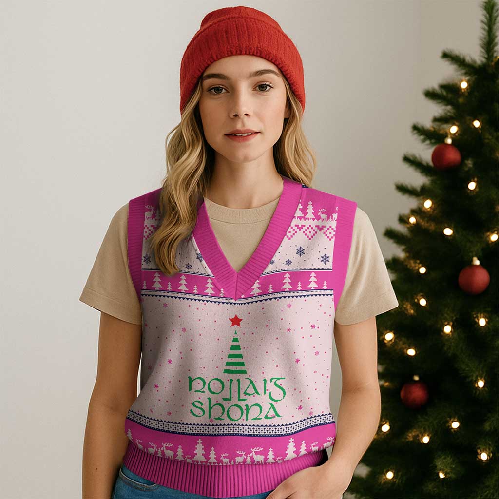 Funny Irish Gaelic Xmas Nollaig Shona V-Neck Knit Sweater Vest Xmas Tree TS11 Hot Pink Print Your Wear