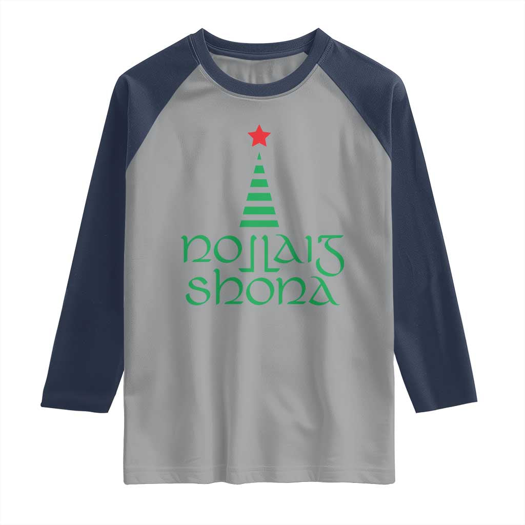 Funny Irish Gaelic Christmas Nollaig Shona Raglan Shirt Xmas Tree TS11 Sport Gray Navy Print Your Wear