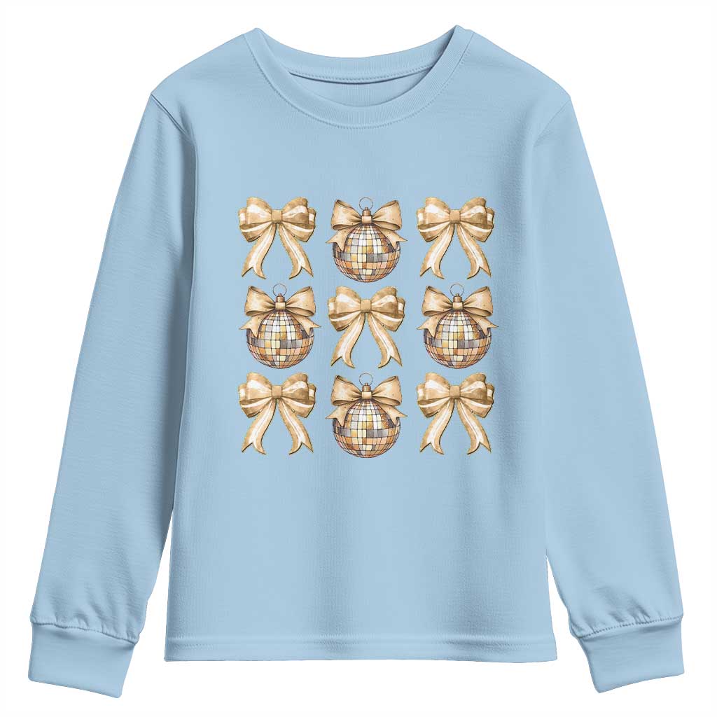 Coquette Happy New Year 2025 Gold Bow Youth Sweatshirt TS11 Light Blue Print Your Wear