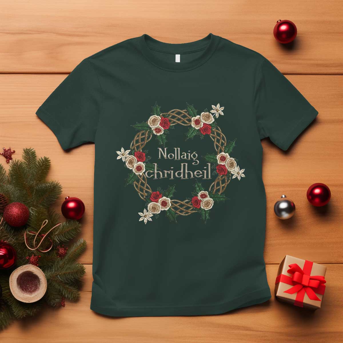 Scottish Celtic Christmas Nollaig Chridheil T Shirt Xmas Wreath TS11 Dark Forest Green Print Your Wear