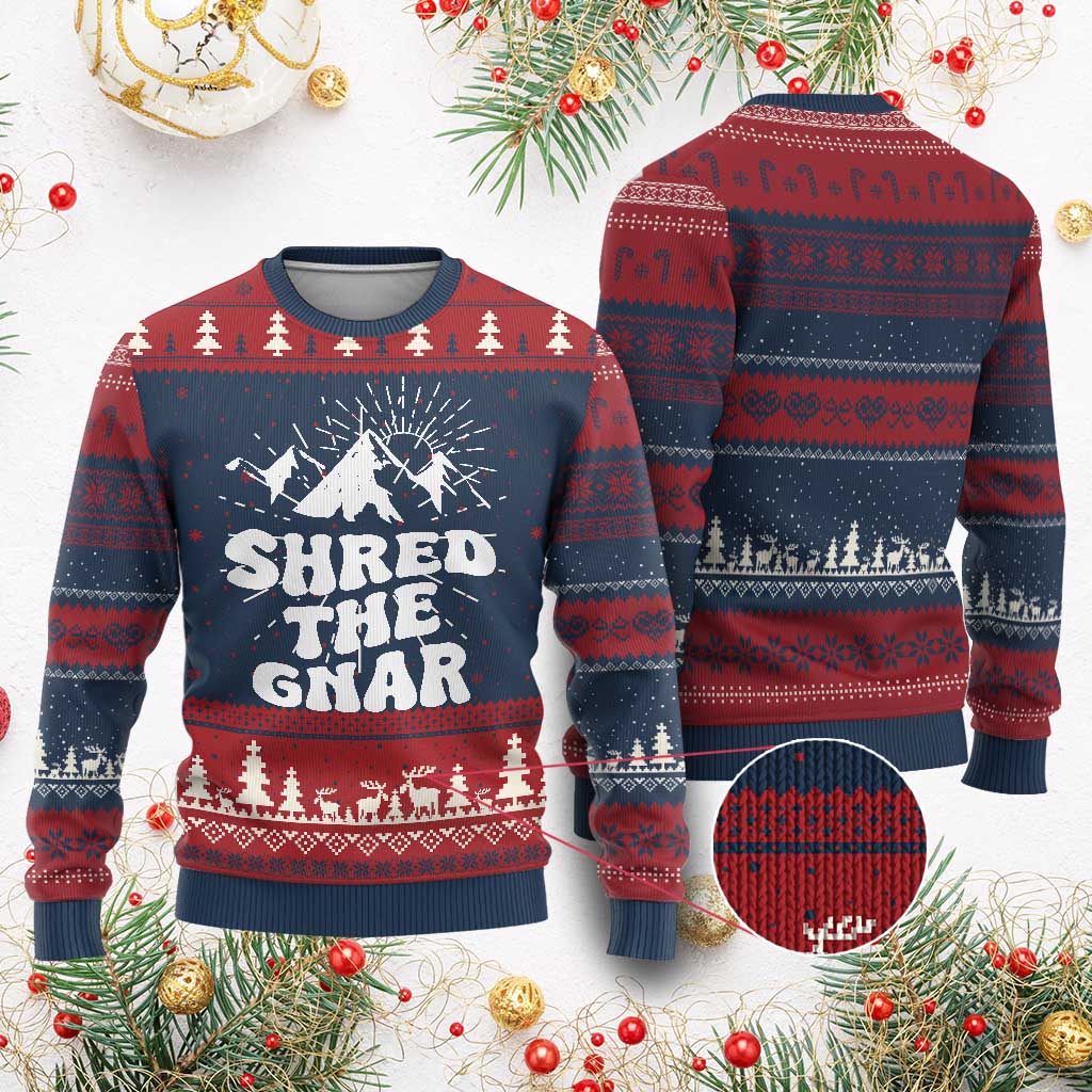 Funny Shred The Gnar Ugly Christmas Sweater Snowboarding Mountain Winter Sport TS11 Burgundy Print Your Wear