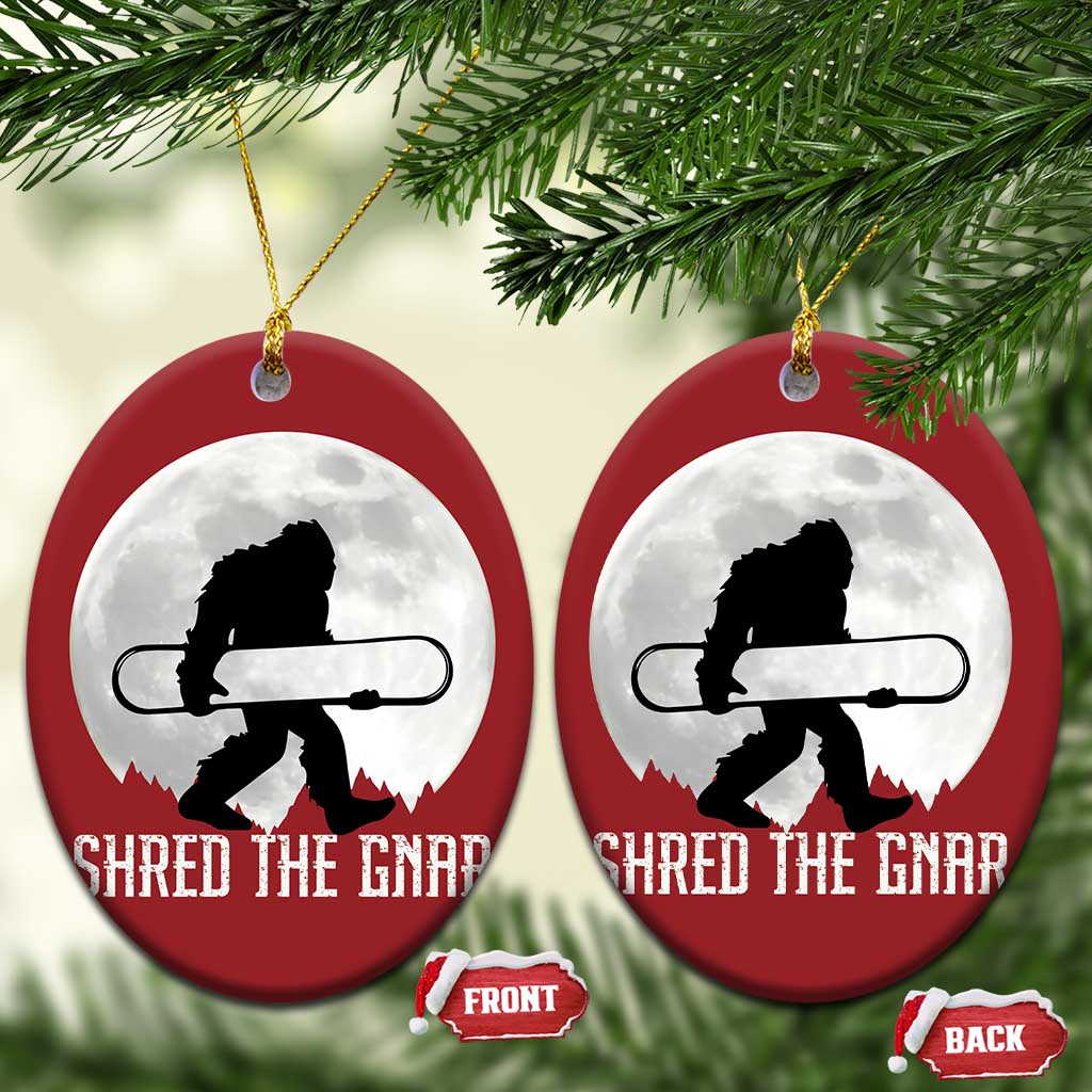 Funny Bigfoot Snowboarding Christmas Ornament Shred The Gnar Moon Snowboard TS11 Oval Red Print Your Wear