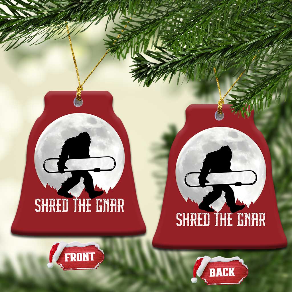 Funny Bigfoot Snowboarding Christmas Ornament Shred The Gnar Moon Snowboard TS11 Bell Flake Red Print Your Wear