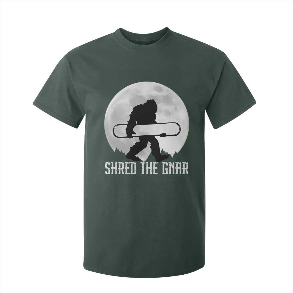 Funny Bigfoot Snowboarding T Shirt For Kid Shred The Gnar Moon Snowboard TS11 Dark Forest Green Print Your Wear
