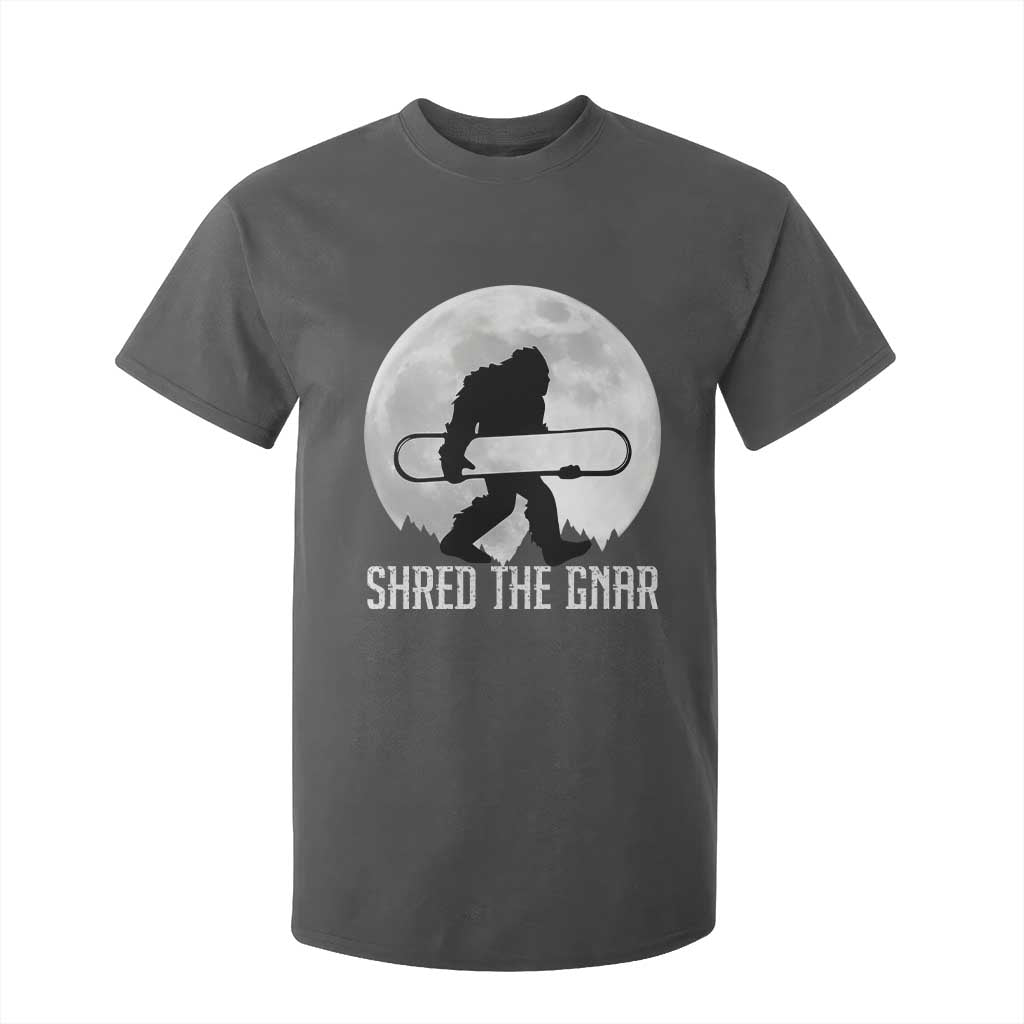 Funny Bigfoot Snowboarding T Shirt For Kid Shred The Gnar Moon Snowboard TS11 Dark Heather Print Your Wear