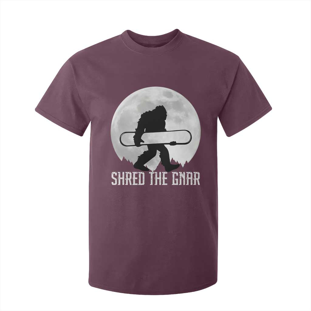 Funny Bigfoot Snowboarding T Shirt For Kid Shred The Gnar Moon Snowboard TS11 Maroon Print Your Wear