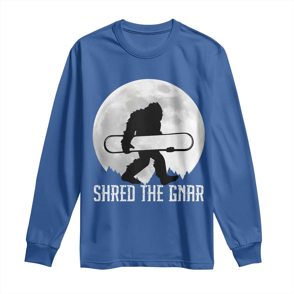 Funny Bigfoot Snowboarding Long Sleeve Shirt Shred The Gnar Moon Snowboard TS11 Royal Blue Print Your Wear