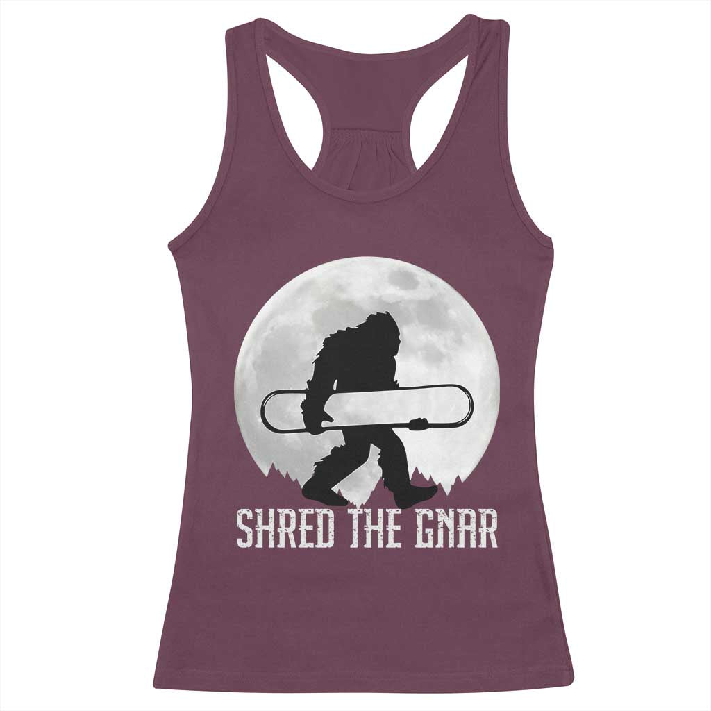 Funny Bigfoot Snowboarding Racerback Tank Top Shred The Gnar Moon Snowboard TS11 Maroon Print Your Wear