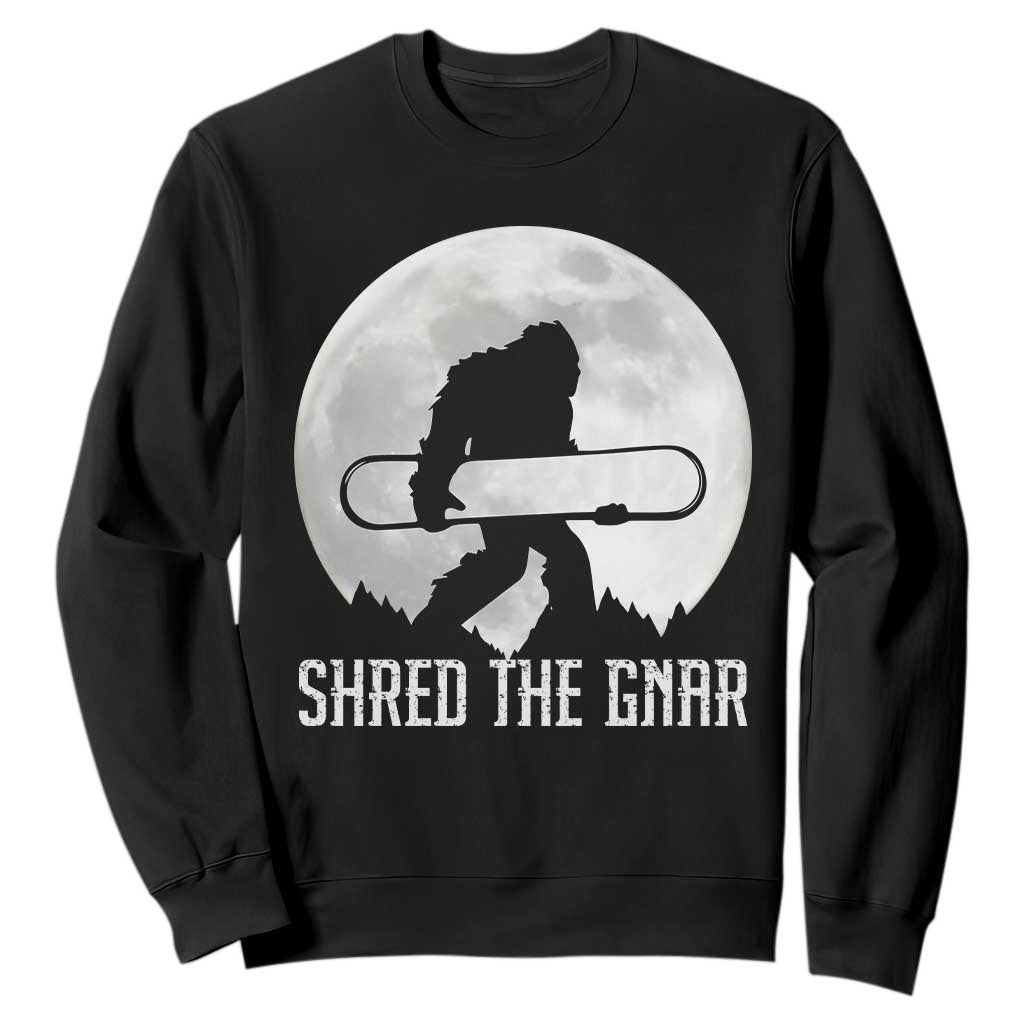 Funny Bigfoot Snowboarding Sweatshirt Shred The Gnar Moon Snowboard TS11 Black Print Your Wear