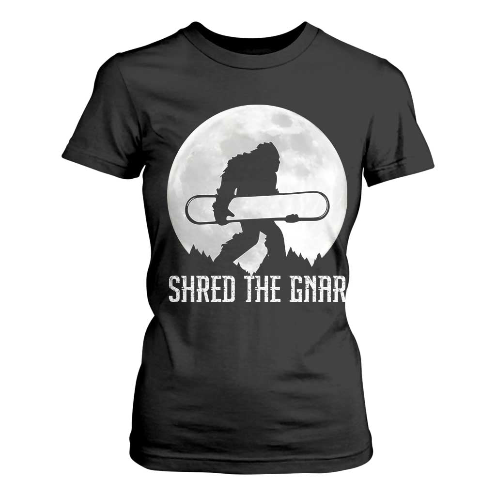 Funny Bigfoot Snowboarding T Shirt For Women Shred The Gnar Moon Snowboard TS11 Black Print Your Wear