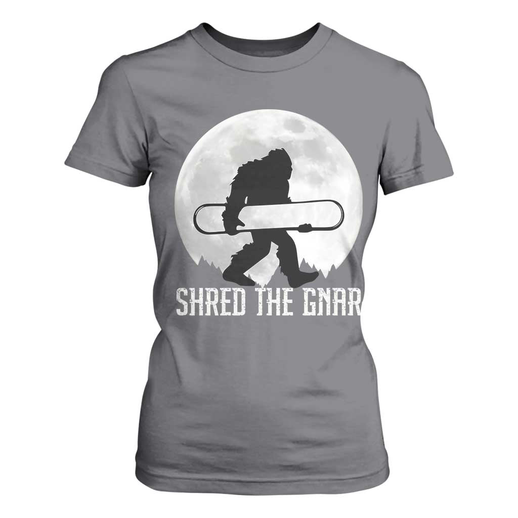 Funny Bigfoot Snowboarding T Shirt For Women Shred The Gnar Moon Snowboard TS11 Charcoal Print Your Wear