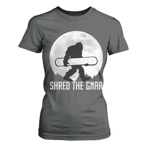 Funny Bigfoot Snowboarding T Shirt For Women Shred The Gnar Moon Snowboard TS11 Dark Heather Print Your Wear