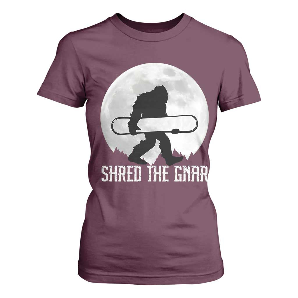 Funny Bigfoot Snowboarding T Shirt For Women Shred The Gnar Moon Snowboard TS11 Maroon Print Your Wear