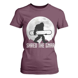 Funny Bigfoot Snowboarding T Shirt For Women Shred The Gnar Moon Snowboard TS11 Maroon Print Your Wear