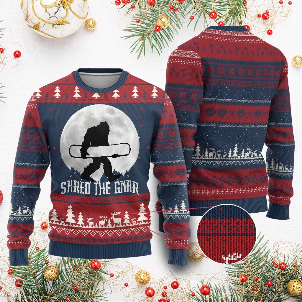 Funny Bigfoot Snowboarding Ugly Christmas Sweater Shred The Gnar Moon Snowboard TS11 Burgundy Print Your Wear