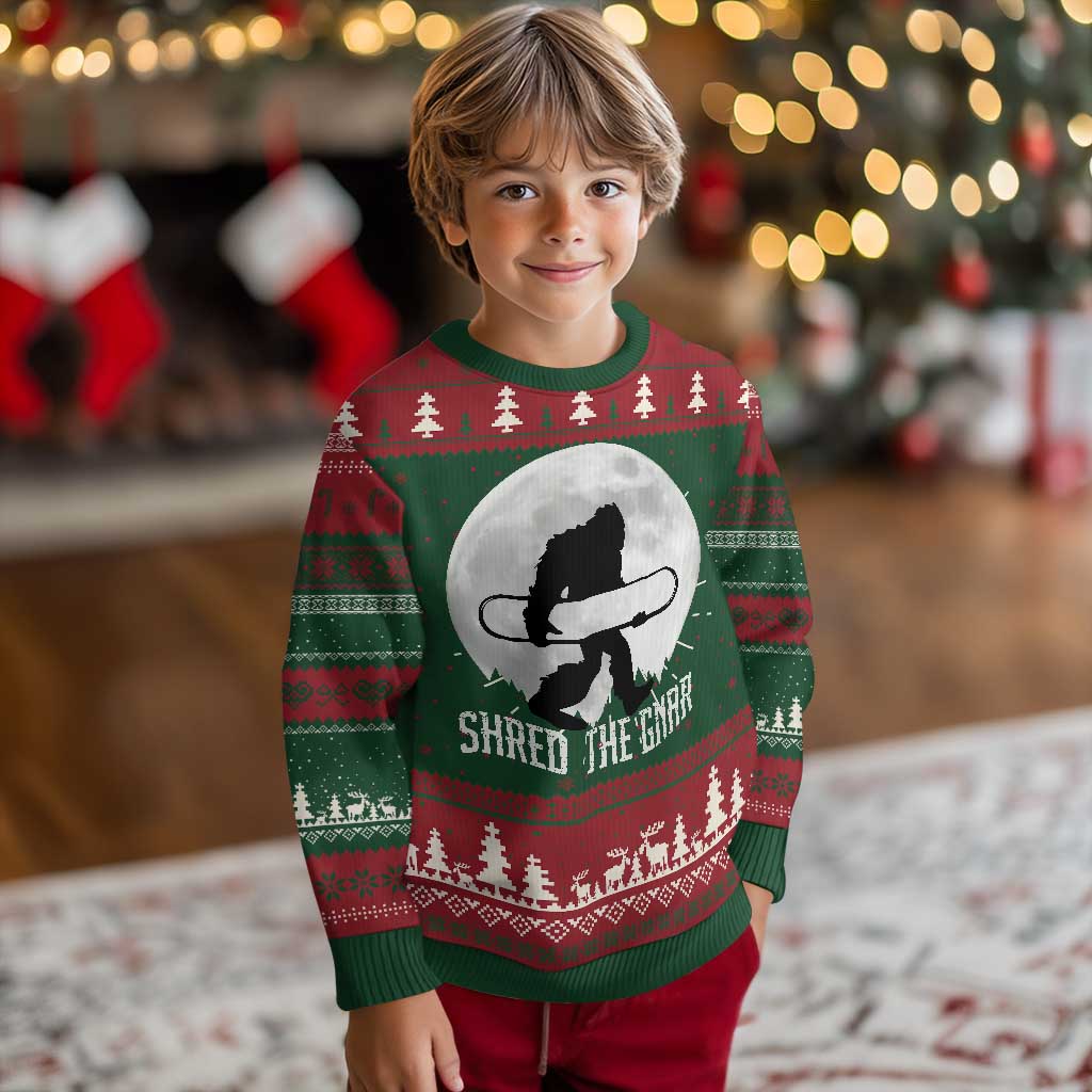 Funny Bigfoot Snowboarding Ugly Christmas Sweater Shred The Gnar Moon Snowboard TS11 Christmas Print Your Wear