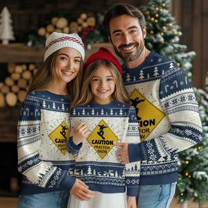 Funny Snowboarding Ugly Christmas Sweater Caution Pray For Snow Snowboard TS11 Navy Print Your Wear