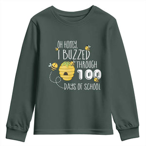 Funny 100th Day Of School Bee Youth Sweatshirt Oh Honey I Buzzed Through 100 Days Of School TS11 Dark Forest Green Print Your Wear