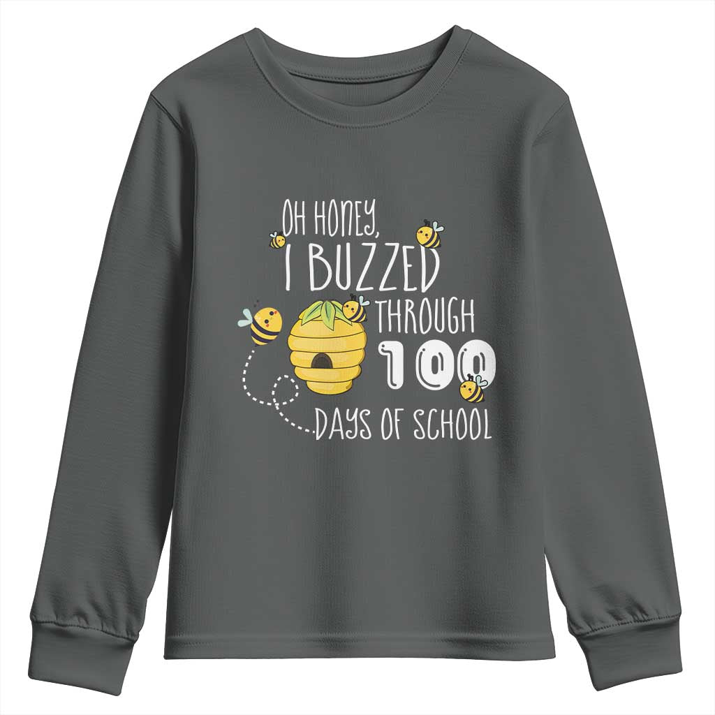 Funny 100th Day Of School Bee Youth Sweatshirt Oh Honey I Buzzed Through 100 Days Of School TS11 Dark Heather Print Your Wear