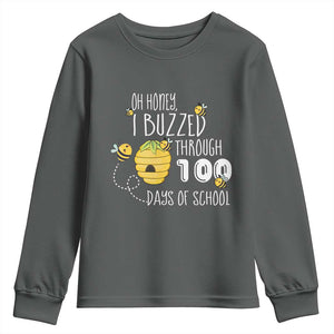 Funny 100th Day Of School Bee Youth Sweatshirt Oh Honey I Buzzed Through 100 Days Of School TS11 Dark Heather Print Your Wear