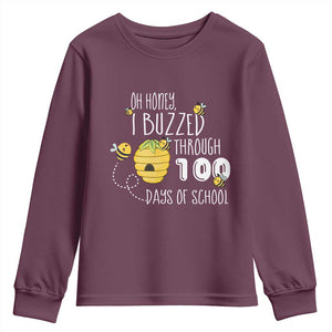 Funny 100th Day Of School Bee Youth Sweatshirt Oh Honey I Buzzed Through 100 Days Of School TS11 Maroon Print Your Wear