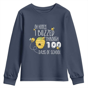 Funny 100th Day Of School Bee Youth Sweatshirt Oh Honey I Buzzed Through 100 Days Of School TS11 Navy Print Your Wear
