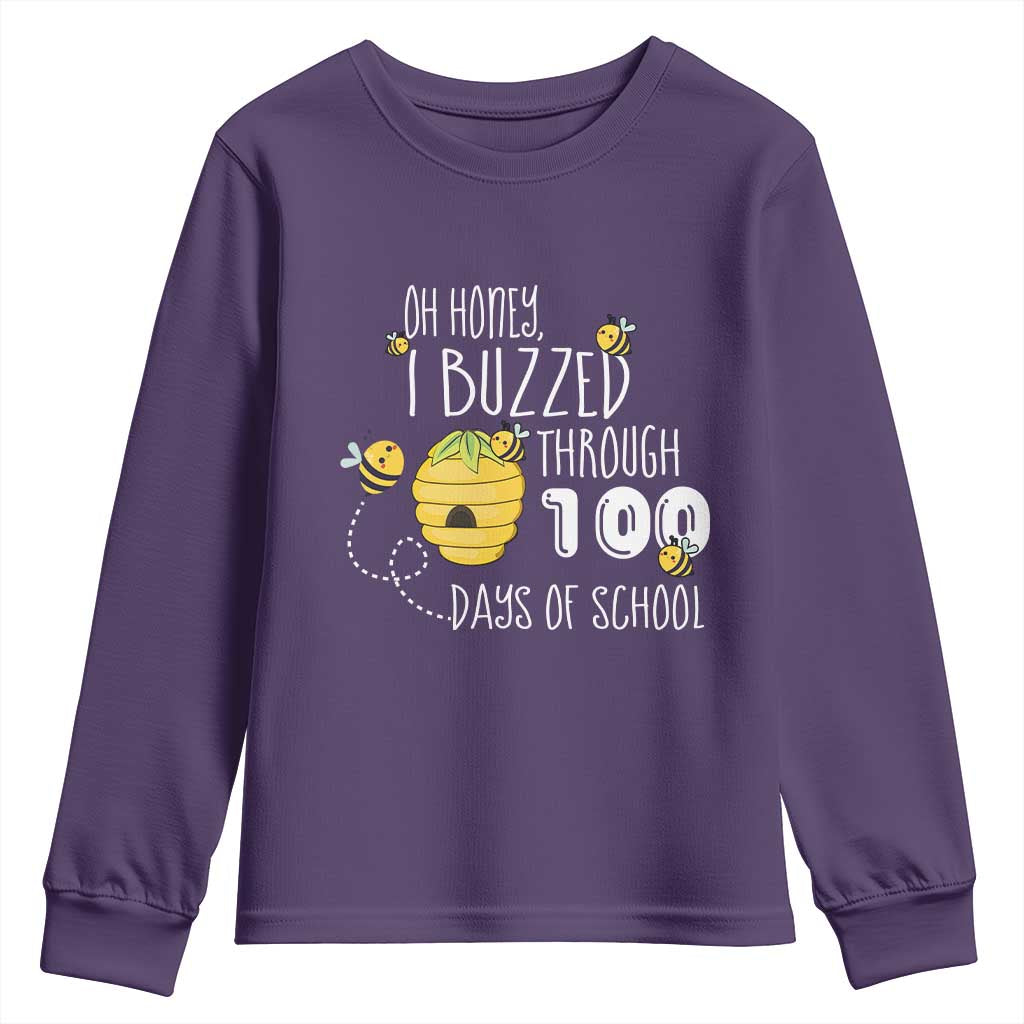 Funny 100th Day Of School Bee Youth Sweatshirt Oh Honey I Buzzed Through 100 Days Of School TS11 Purple Print Your Wear
