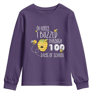 Funny 100th Day Of School Bee Youth Sweatshirt Oh Honey I Buzzed Through 100 Days Of School TS11 Purple Print Your Wear