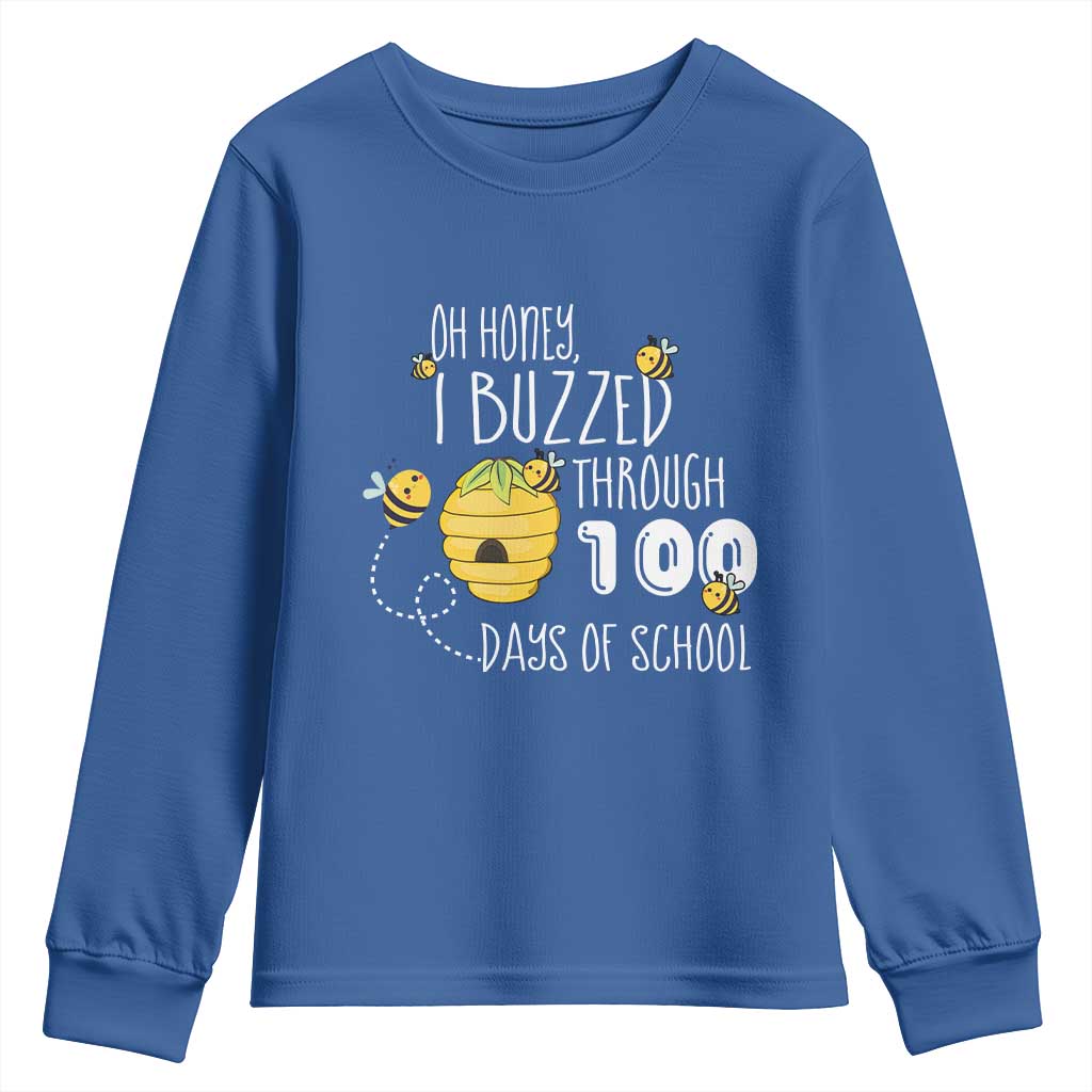 Funny 100th Day Of School Bee Youth Sweatshirt Oh Honey I Buzzed Through 100 Days Of School TS11 Royal Blue Print Your Wear