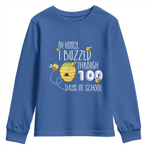 Funny 100th Day Of School Bee Youth Sweatshirt Oh Honey I Buzzed Through 100 Days Of School TS11 Royal Blue Print Your Wear