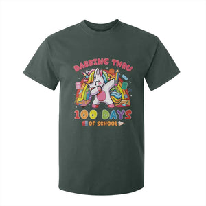 Funny Dabbing Thru 100 Days Of School T Shirt For Kid Dabbing Unicorn Rainbow TS11 Dark Forest Green Print Your Wear