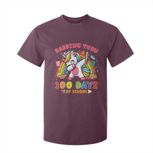 Funny Dabbing Thru 100 Days Of School T Shirt For Kid Dabbing Unicorn Rainbow TS11 Maroon Print Your Wear